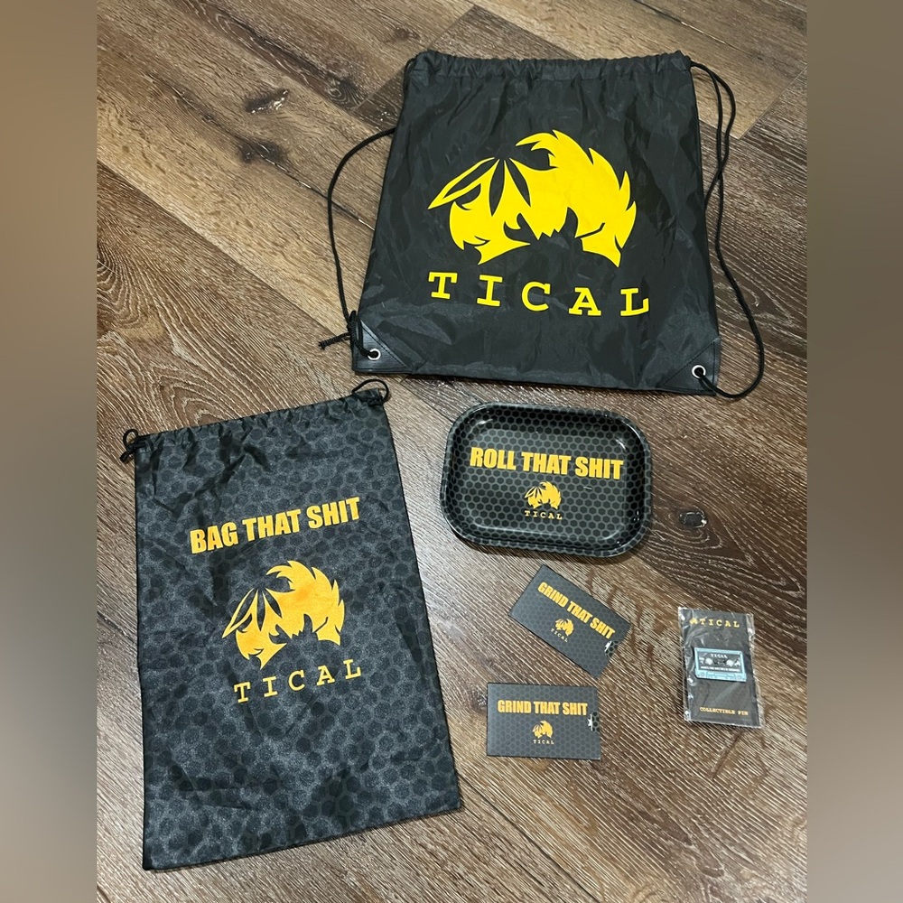 Tical collectible pin Tical grinder herbs card Black and Yellow Drawstring Bag
